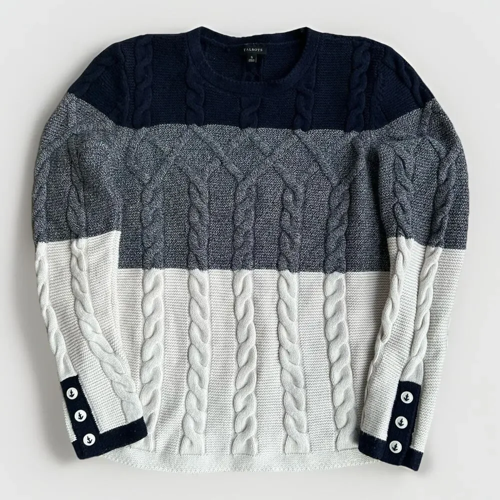 Talbots Chunky Cable Knit Nautical Sweater Size Small Color Block Blue White - Picture 11 of 11